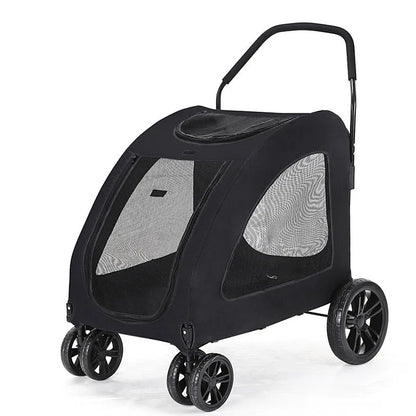 Foldable pet stroller for medium to large dogs in grey, blue, red, or black, with metal and cloth frame.