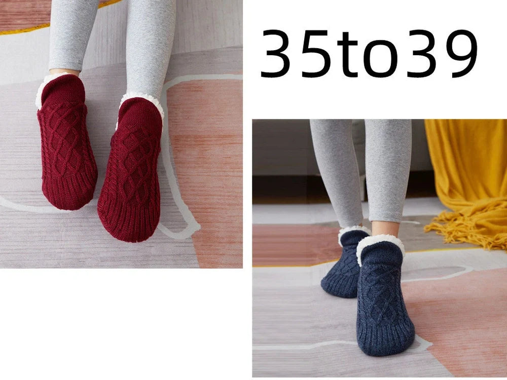 Winter woolen socks with V-opening design and anti-slip dots on soles in navy blue colour