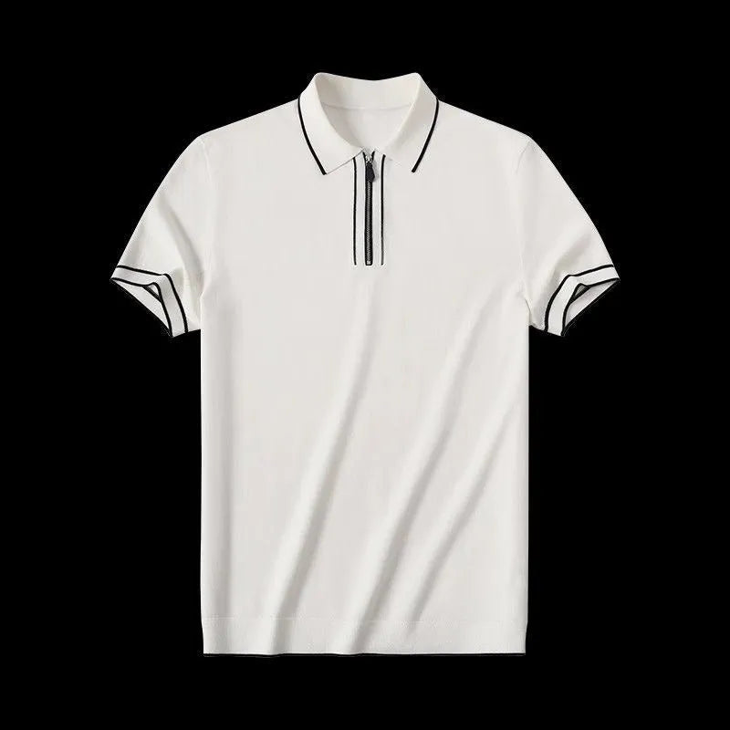 Men's casual zipper polo shirt, short sleeve cotton blend top, white or black, sizes M to XXXL