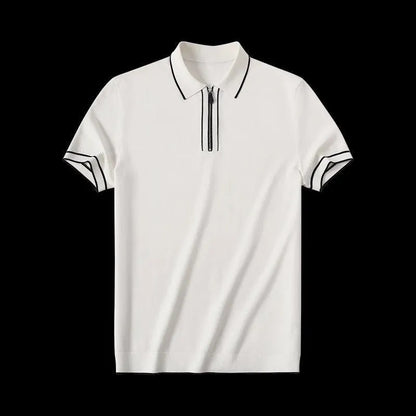 Men's casual zipper polo shirt, short sleeve cotton blend top, white or black, sizes M to XXXL