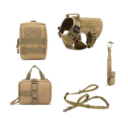 Durable tactical dog harness with reinforced top handle, multiple customizable panels, and leash set for outdoor activities and training