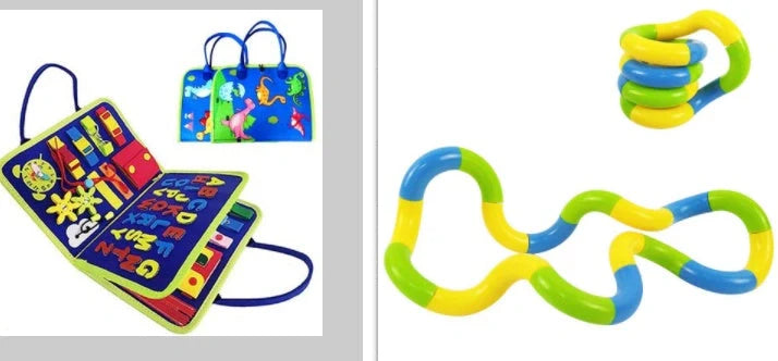 Children's busy board with dressing and buttoning features for early learning