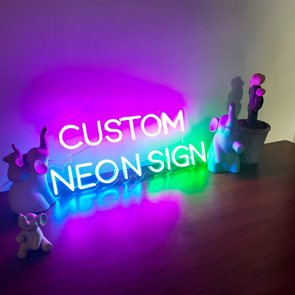 Custom neon letter sign with Alec shell material in 50cm to 90cm sizes showing 12V power system