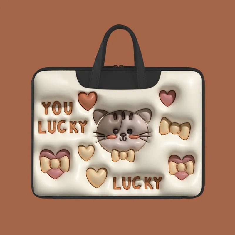 PU leather inflatable laptop bag with strap, shown in a cartoon pattern design, hanging from a suitcase handle.