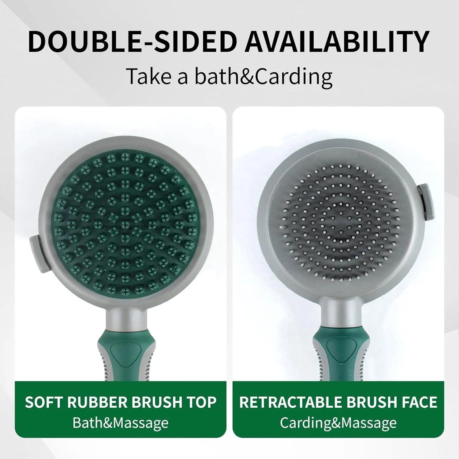 Green and pink two-sided pet brush showing retractable slicker bristles and silicone massage nubs on a white background.