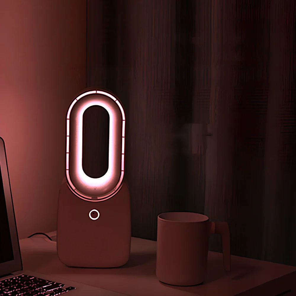 Pink USB charging bladeless desk fan, 119×128×304mm portable size with touch screen and 2200mAh battery for quiet office cooling