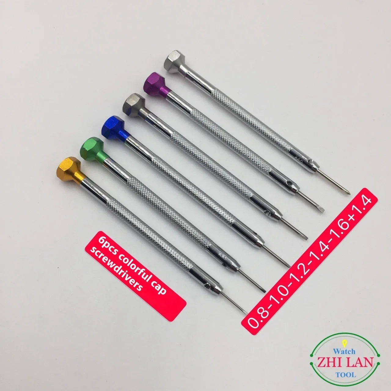 Watch repair tool screwdriver set with 6 colour-coded aluminium handles for precise watch maintenance