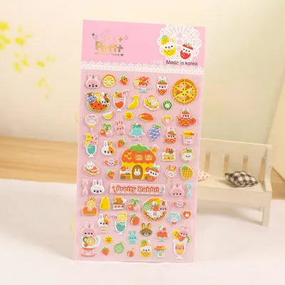Cartoon three-dimensional bubble stickers showing colourful animal, food and pattern designs for decoration