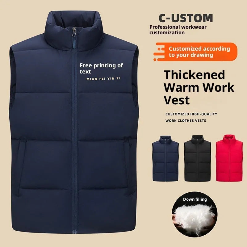 Men's soft shell down cotton work vest in black, red, or deep purple blue, sizes L to 5XL.