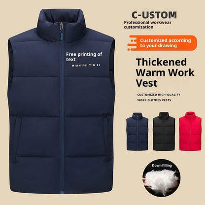 Men's soft shell down cotton work vest in black, red, or deep purple blue, sizes L to 5XL.