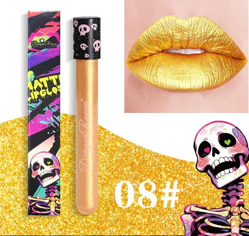 Halloween skull test tube lip gloss in gold and silver matte metallic shades showing doe-foot applicator.