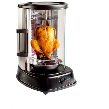 Black electric indoor rotisserie oven with 334x282x446mm dimensions and 21L cooking capacity