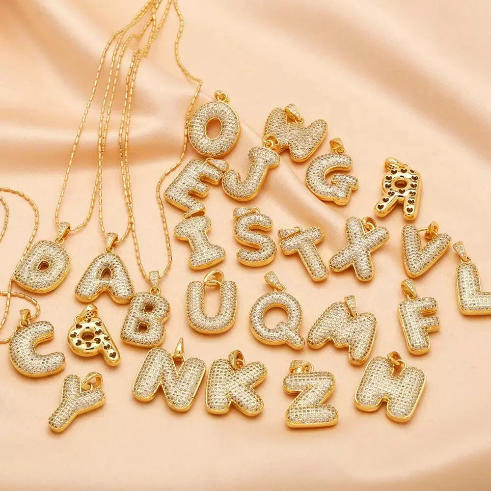 Copper Micro Inlaid Zircon Letter Pendant Necklace with customizable alphabet options