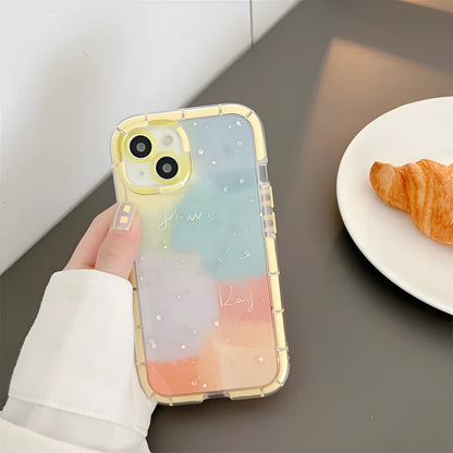 Minimalist silicone phone case for iPhone 14 with a yellow contrast edge on a white background.