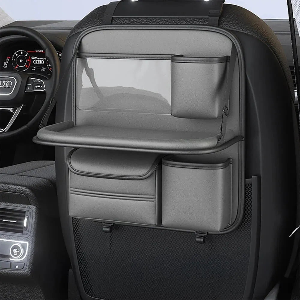 Leather car seat lazyback storage bag with foldable dining table, waterproof, 1.2kg, 48 x 25 x 6cm, in four colours.