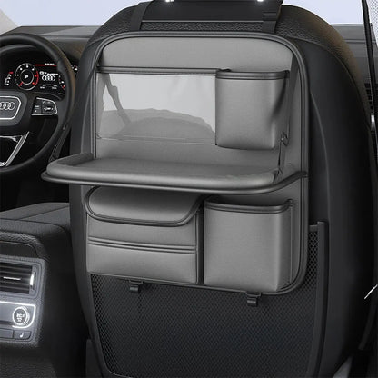Leather car seat lazyback storage bag with foldable dining table, waterproof, 1.2kg, 48 x 25 x 6cm, in four colours.