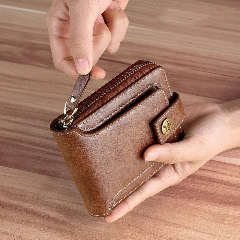 Men's short style 2-fold wallet in PU leather showing black, brown and light brown colour options
