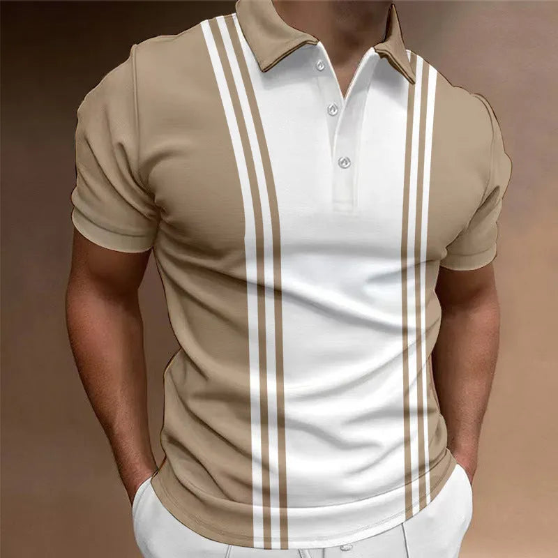 Men's loose fit casual t-shirt with a 3-button printed lapel and short sleeves in blue.