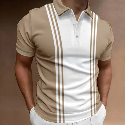 Men's loose fit casual t-shirt with a 3-button printed lapel and short sleeves in blue.