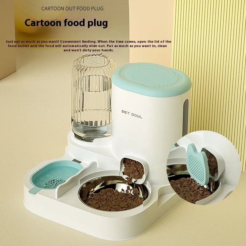 Automatic cat feeding water fountain with integrated double bowl in avocado green colour, dimensions 27x27x24cm