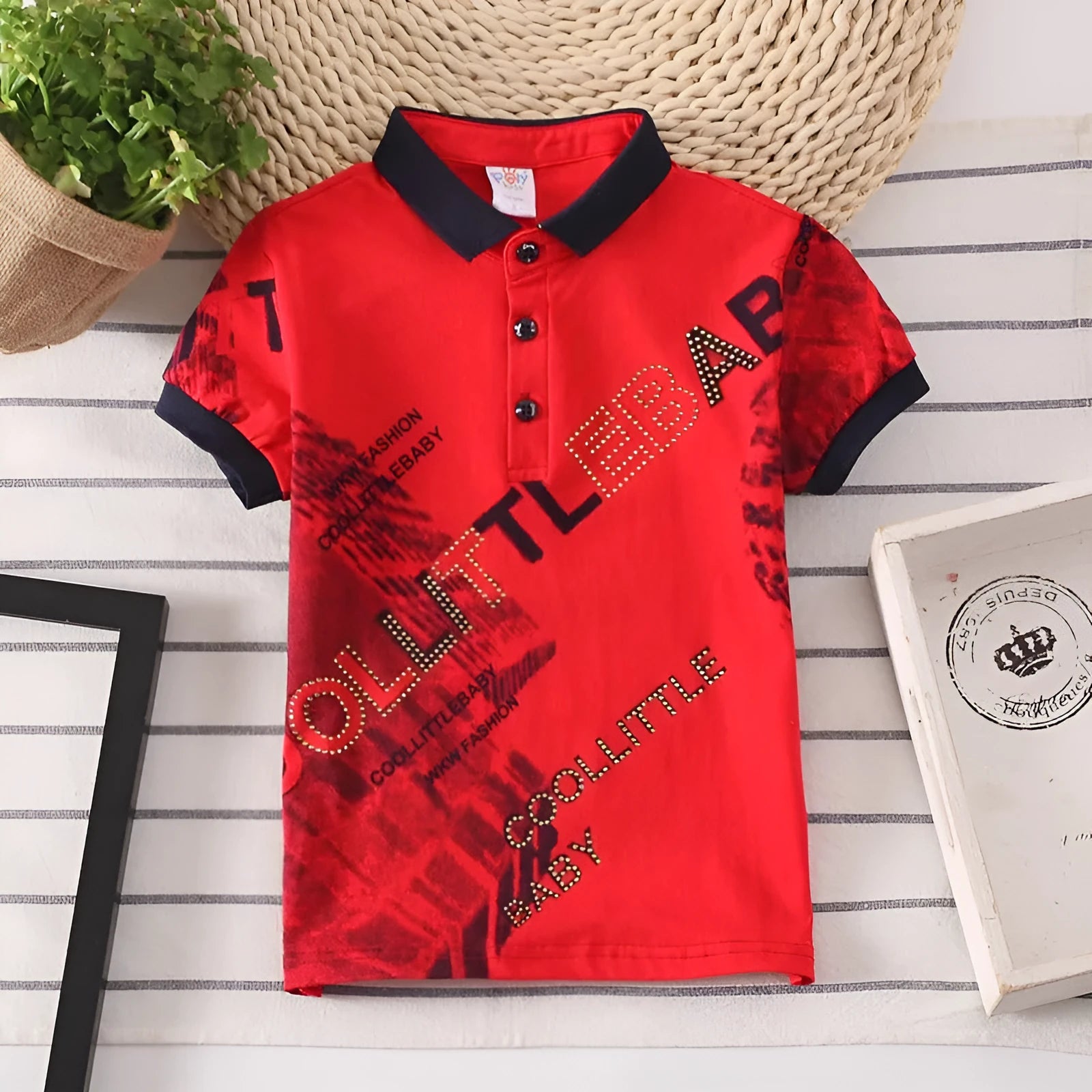 Boys short sleeve cotton lapel shirt in solid colour on a hanger.