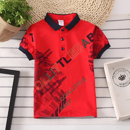 Boys short sleeve cotton lapel shirt in solid colour on a hanger.