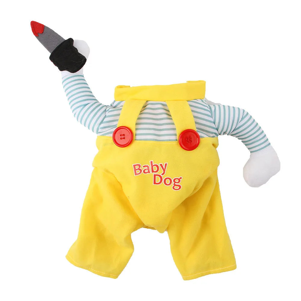 Yellow assassin costume clothing for cat showing polyester fabric and themed design