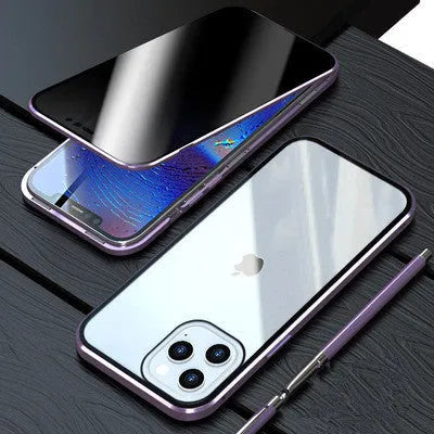 Magnetic privacy glass iPhone case showing anti-spy screen protection and metal frame with colour options