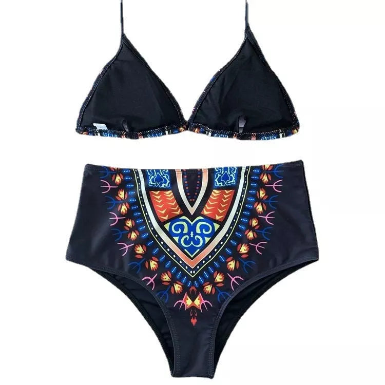 Ladies high waist floral split bikini for swimming, quick-drying fabric, available in multiple sizes