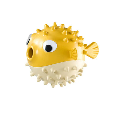 Green fish-shaped interactive dog toy with treat dispensing feature and internal bell for medium large dogs