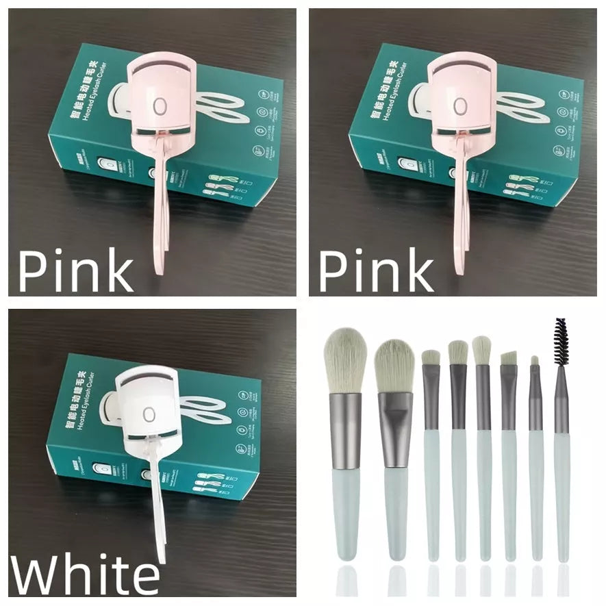 Electric Heating Eyelash Curler in white, pink, and green colors for safe, effective lash curling