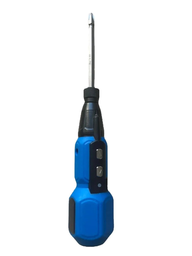 Electric screwdriver with alloy steel straight handle for home and decoration use, powered by 36V rechargeable lithium battery with maximum torque of 10Nm, available in black or blue colour options
