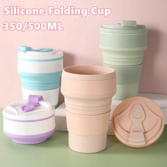 Collapsible silicone travel mug with leak-proof cover in various colors