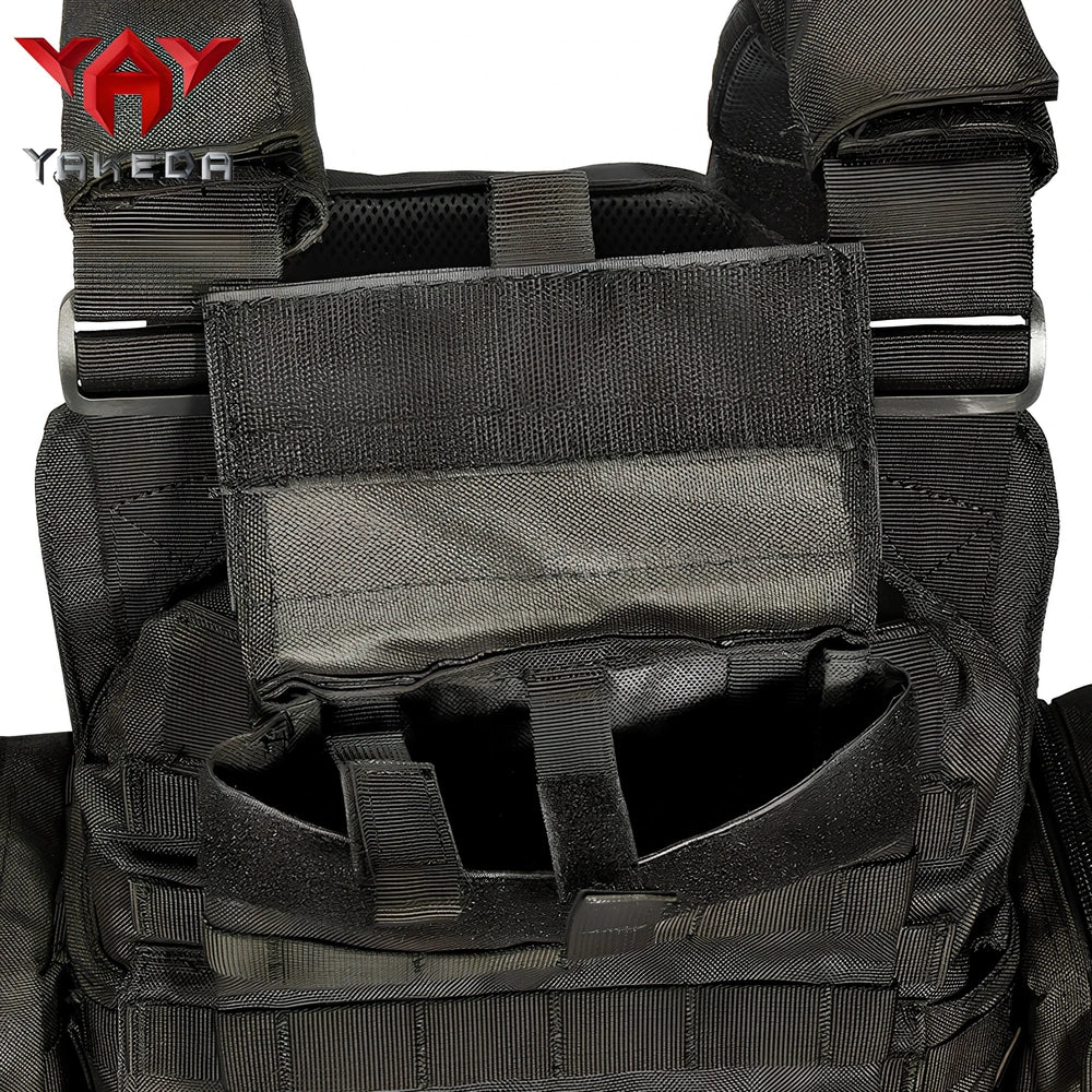 Combat camouflage tactical vest with adjustable waist showing 600D polyester construction and multiple pattern options