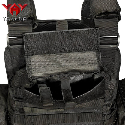 Combat camouflage tactical vest with adjustable waist showing 600D polyester construction and multiple pattern options