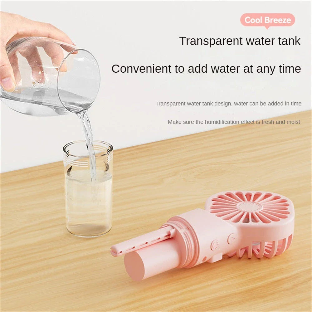 Powerful portable mist fan with four-speed settings, built-in humidifier, and compact design for convenient cooling and hydration