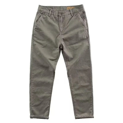 Men's slim fit casual trousers in cotton-polyester blend with straight leg, shown in multiple colour options.
