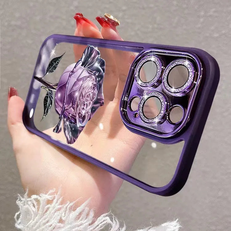 Dark purple TPU phone case with a rose pattern and a sparkly pink lens film for iPhone.