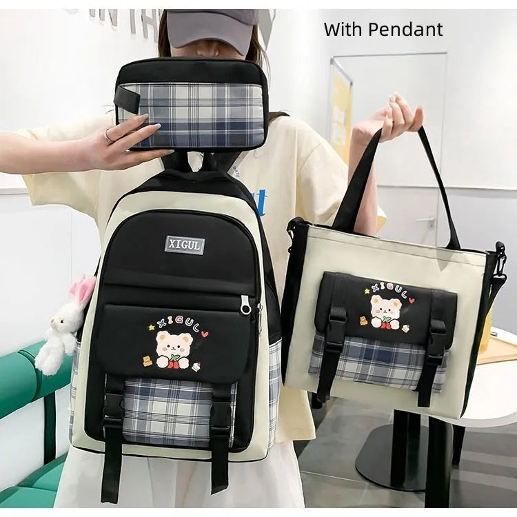 Large capacity plaid three-piece school backpack set in nylon with pink, blue, black, or purple colour options for junior high students