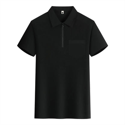 Short sleeve grey nylon work shirt with lapel zipper pockets and tooling culture design