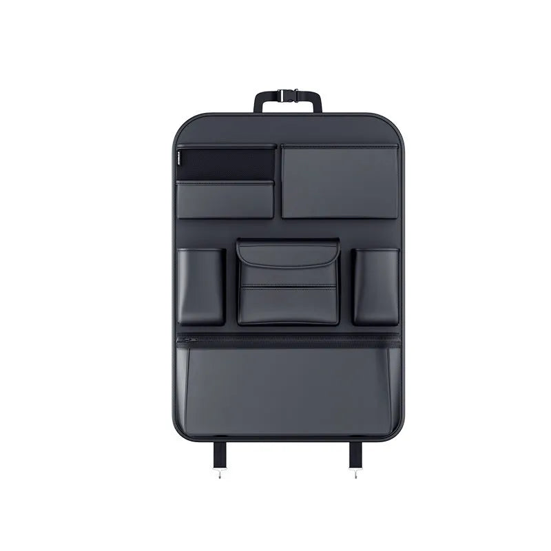 Black leather car seat back storage hanging bag organiser with handle