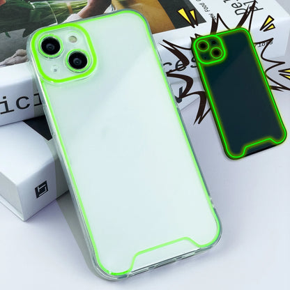 Glow-in-the-dark soft TPU iPhone case in green, orange, blue, yellow, or pink on an iPhone
