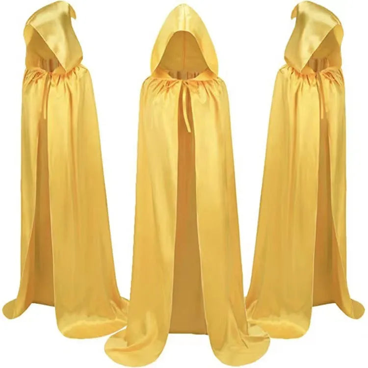 Children's black satin hooded cloak for Halloween wizard or witch costume with gold and purple colour options