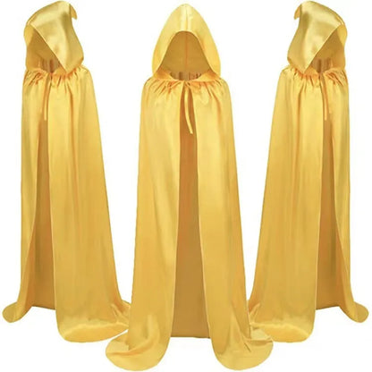 Children's black satin hooded cloak for Halloween wizard or witch costume with gold and purple colour options