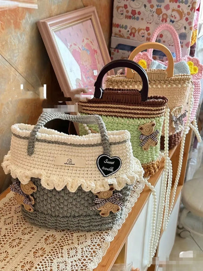 Wool crocheted bear design cloth shoulder bag with wooden handle