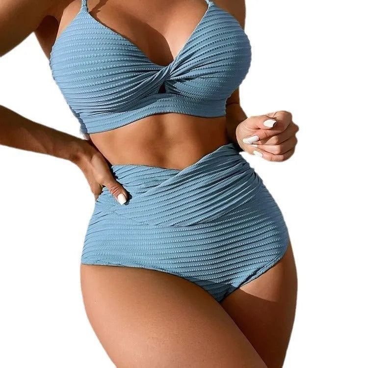 Women's solid colour polyester bikini swimsuit showing front view of two-piece design