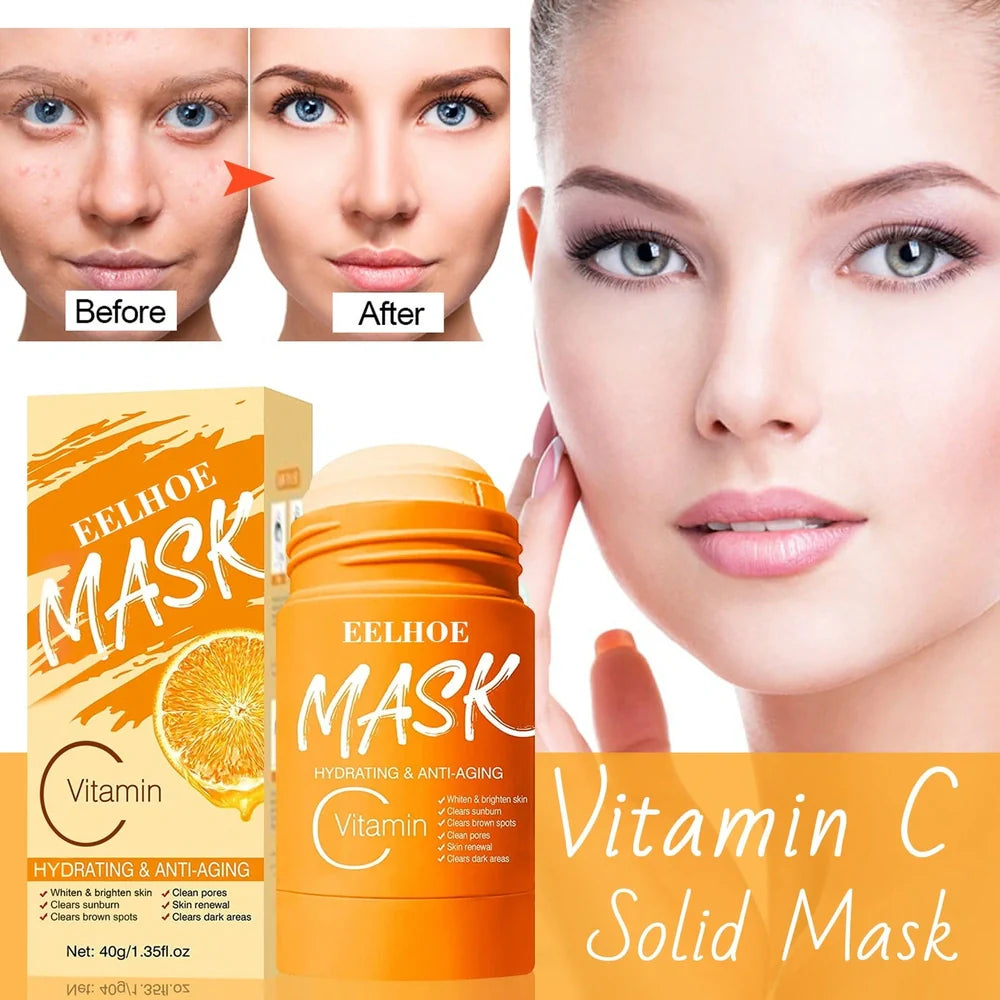 Rotating head face mask stick showing charcoal and Vitamin C solid clay formulations