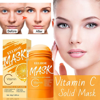Rotating head face mask stick showing charcoal and Vitamin C solid clay formulations