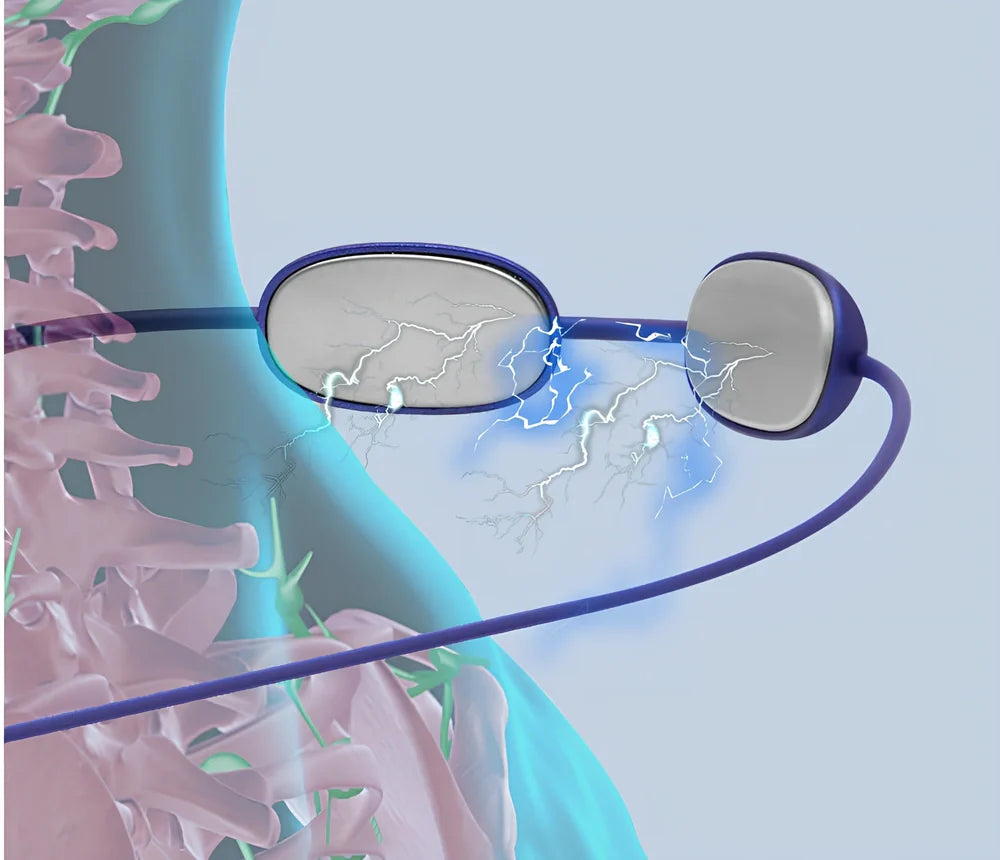 Blue mini cervical spine massage device with hanging neck design and four massage contacts for pulse therapy