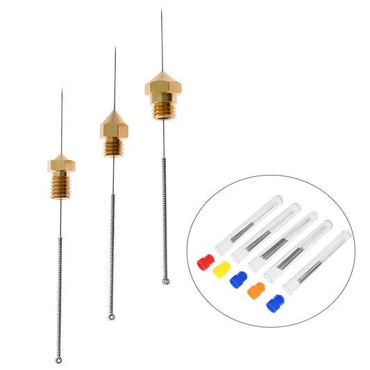 Mk8 E3D 3D printer nozzle cleaning needles in ten-piece pack with diameter size options from 0.2mm to 0.4mm